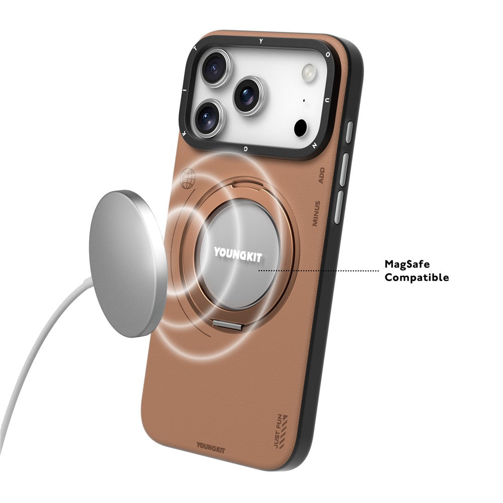 YOUNGKIT For iPhone 17 Pro Case Rotating Kickstand Shockproof TPU + PU Leather Phone Back Cover
