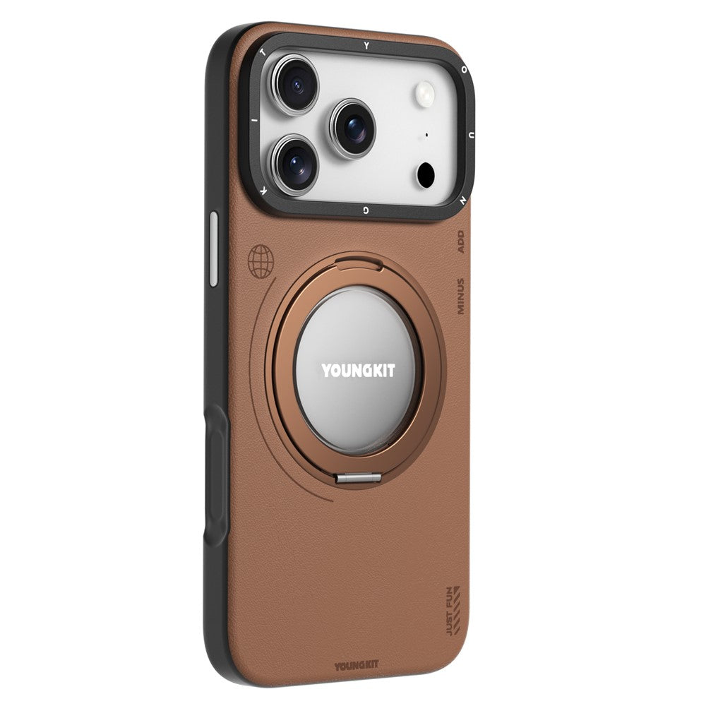 YOUNGKIT For iPhone 17 Pro Max Case Rotating Kickstand Shockproof TPU + PU Leather Phone Back Cover