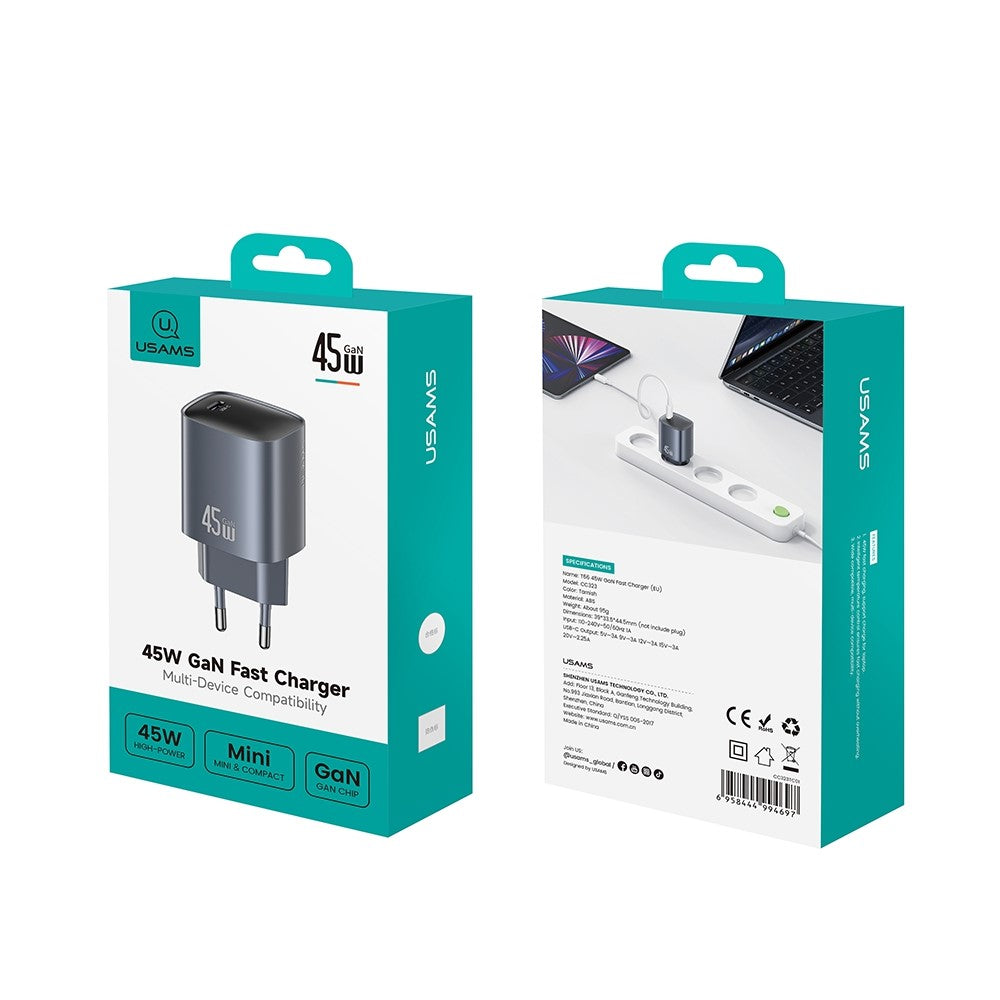 USAMS T66 45W GaN Fast Charger Portable Power Adapter for Phone / Tablet / Laptop, EU Plug