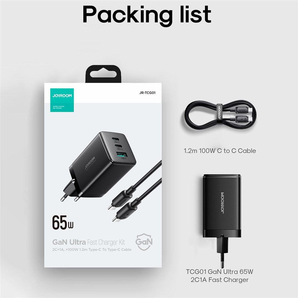 JOYROOM TCG01 GaN Ultra 65W 3-Port Fast Charger Set with 1.2m 100W Type-C Cable for iPhone 16-15 Series Mini Wall Charger (EU Plug)