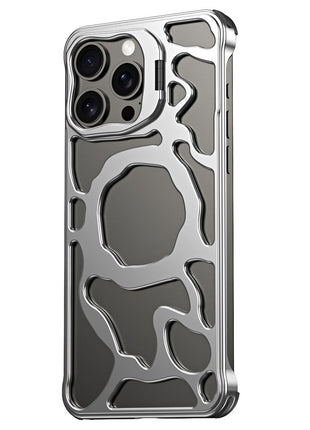 Auspicious Cloud Series For iPhone 15 Pro Max Magnetic Case Aluminum Alloy Hollow Kickstand Phone Cover