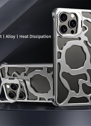 Auspicious Cloud Series For iPhone 15 Pro Max Magnetic Case Aluminum Alloy Hollow Kickstand Phone Cover