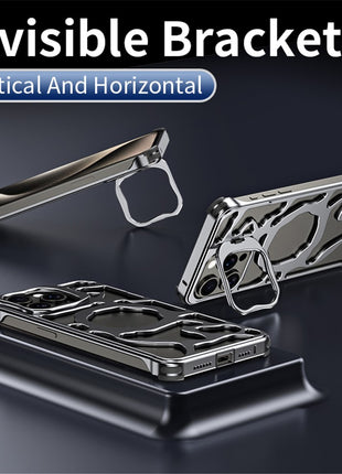 Auspicious Cloud Series For iPhone 15 Pro Max Magnetic Case Aluminum Alloy Hollow Kickstand Phone Cover