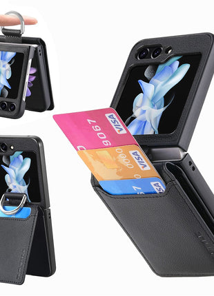 For Samsung Galaxy Z Flip7 FE 5G / Z Flip6 5G Phone Case Card Slot Kickstand PU+PC Cover with Finger Ring