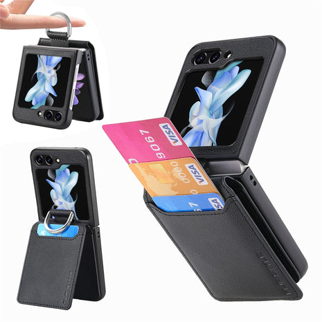For Samsung Galaxy Z Flip7 FE 5G / Z Flip6 5G Phone Case Card Slot Kickstand PU+PC Cover with Finger Ring