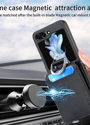 For Samsung Galaxy Z Flip7 FE 5G / Z Flip6 5G Phone Case Card Slot Kickstand PU+PC Cover with Finger Ring