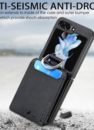 For Samsung Galaxy Z Flip7 FE 5G / Z Flip6 5G Phone Case Card Slot Kickstand PU+PC Cover with Finger Ring