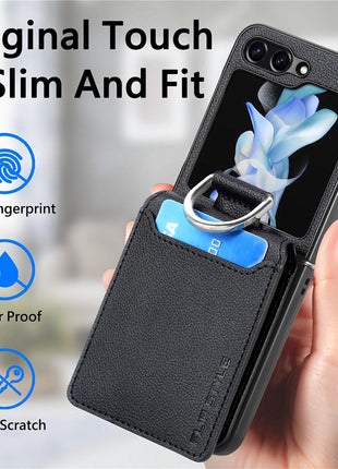 For Samsung Galaxy Z Flip7 FE 5G / Z Flip6 5G Phone Case Card Slot Kickstand PU+PC Cover with Finger Ring