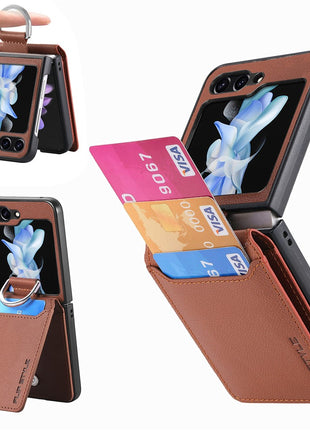 For Samsung Galaxy Z Flip7 FE 5G / Z Flip6 5G Phone Case Card Slot Kickstand PU+PC Cover with Finger Ring