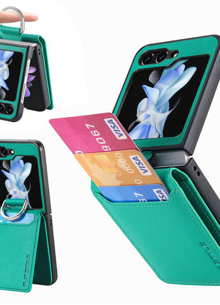 For Samsung Galaxy Z Flip7 FE 5G / Z Flip6 5G Phone Case Card Slot Kickstand PU+PC Cover with Finger Ring