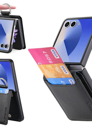 For Samsung Galaxy Z Flip7 5G Case Card Holder Kickstand PU + PC Phone Cover with Finger Ring