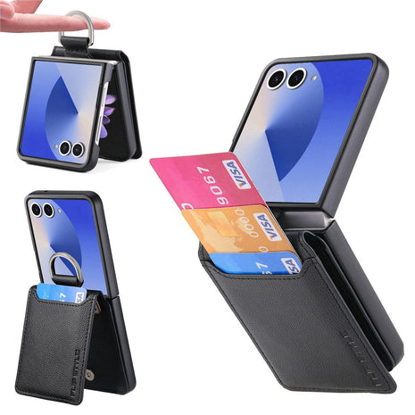 For Samsung Galaxy Z Flip7 5G Case Card Holder Kickstand PU + PC Phone Cover with Finger Ring