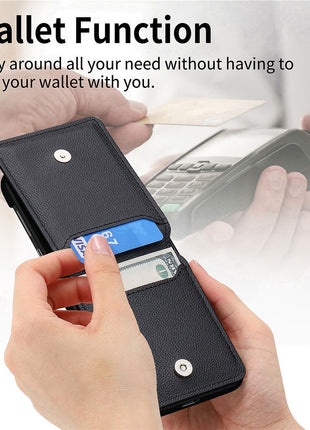 For Samsung Galaxy Z Flip7 5G Case Card Holder Kickstand PU + PC Phone Cover with Finger Ring