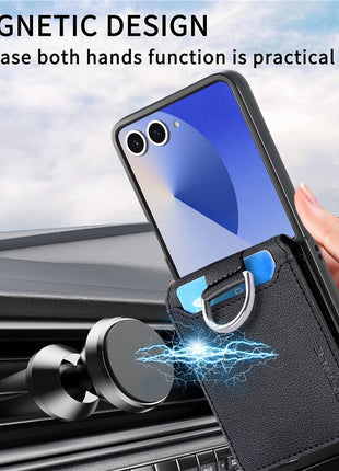 For Samsung Galaxy Z Flip7 5G Case Card Holder Kickstand PU + PC Phone Cover with Finger Ring
