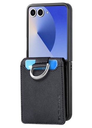 For Samsung Galaxy Z Flip7 5G Case Card Holder Kickstand PU + PC Phone Cover with Finger Ring