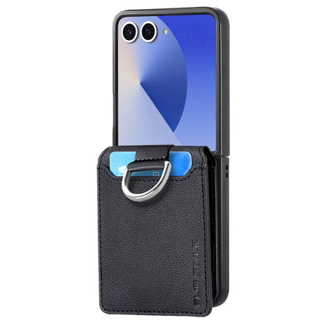 For Samsung Galaxy Z Flip7 5G Case Card Holder Kickstand PU + PC Phone Cover with Finger Ring