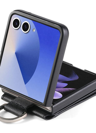 For Samsung Galaxy Z Flip7 5G Case Card Holder Kickstand PU + PC Phone Cover with Finger Ring