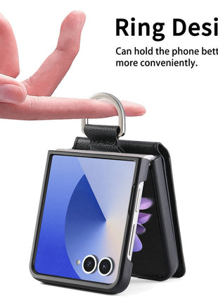 For Samsung Galaxy Z Flip7 5G Case Card Holder Kickstand PU + PC Phone Cover with Finger Ring
