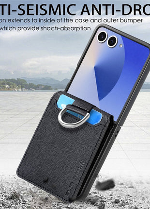 For Samsung Galaxy Z Flip7 5G Case Card Holder Kickstand PU + PC Phone Cover with Finger Ring