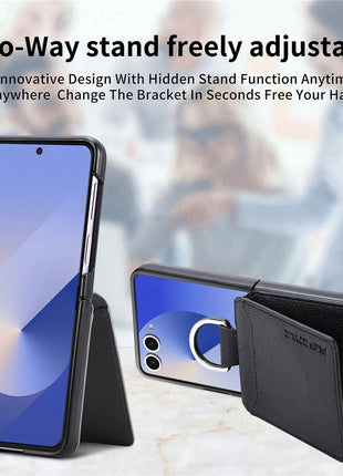For Samsung Galaxy Z Flip7 5G Case Card Holder Kickstand PU + PC Phone Cover with Finger Ring