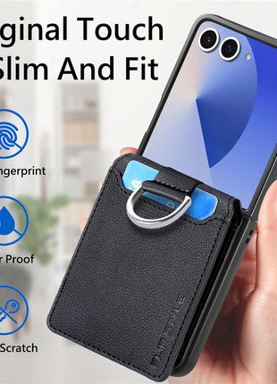 For Samsung Galaxy Z Flip7 5G Case Card Holder Kickstand PU + PC Phone Cover with Finger Ring