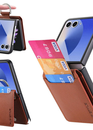 For Samsung Galaxy Z Flip7 5G Case Card Holder Kickstand PU + PC Phone Cover with Finger Ring
