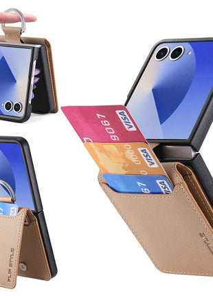 For Samsung Galaxy Z Flip7 5G Case Card Holder Kickstand PU + PC Phone Cover with Finger Ring