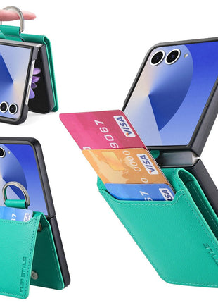 For Samsung Galaxy Z Flip7 5G Case Card Holder Kickstand PU + PC Phone Cover with Finger Ring