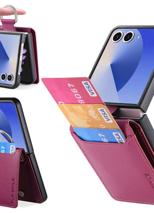 For Samsung Galaxy Z Flip7 5G Case Card Holder Kickstand PU + PC Phone Cover with Finger Ring
