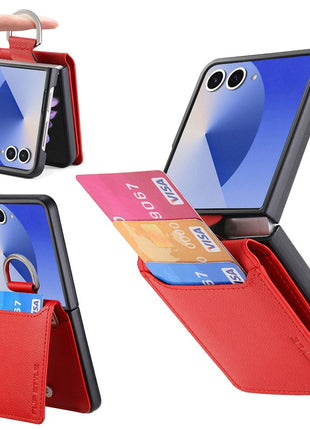 For Samsung Galaxy Z Flip7 5G Case Card Holder Kickstand PU + PC Phone Cover with Finger Ring