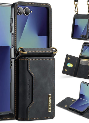 DG.MING M2 Series for Samsung	Galaxy Z Flip7 5G Case PU + PC Phone Cover with Detachable Card Bag / Should Strap