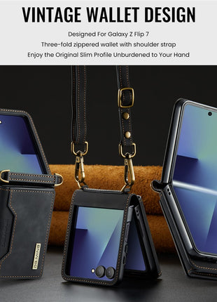 DG.MING M2 Series for Samsung	Galaxy Z Flip7 5G Case PU + PC Phone Cover with Detachable Card Bag / Should Strap