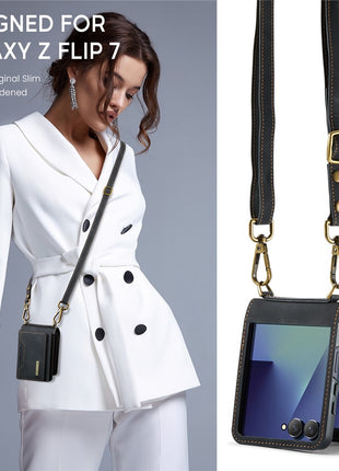 DG.MING M2 Series for Samsung	Galaxy Z Flip7 5G Case PU + PC Phone Cover with Detachable Card Bag / Should Strap