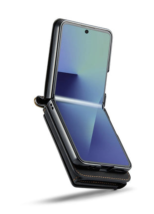 DG.MING M2 Series for Samsung	Galaxy Z Flip7 5G Case PU + PC Phone Cover with Detachable Card Bag / Should Strap