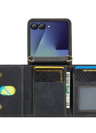 DG.MING M2 Series for Samsung	Galaxy Z Flip7 5G Case PU + PC Phone Cover with Detachable Card Bag / Should Strap