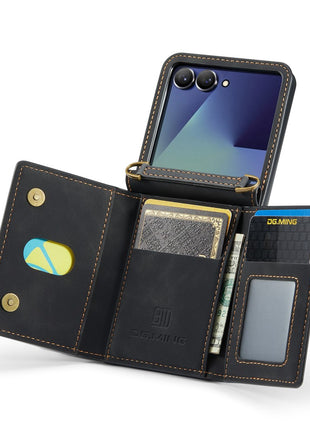 DG.MING M2 Series for Samsung	Galaxy Z Flip7 5G Case PU + PC Phone Cover with Detachable Card Bag / Should Strap