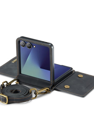 DG.MING M2 Series for Samsung	Galaxy Z Flip7 5G Case PU + PC Phone Cover with Detachable Card Bag / Should Strap