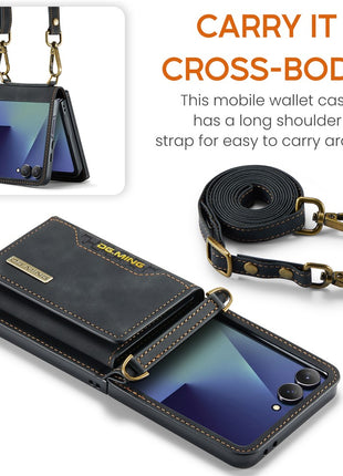 DG.MING M2 Series for Samsung	Galaxy Z Flip7 5G Case PU + PC Phone Cover with Detachable Card Bag / Should Strap