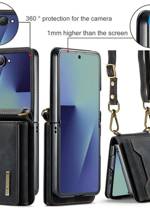 DG.MING M2 Series for Samsung	Galaxy Z Flip7 5G Case PU + PC Phone Cover with Detachable Card Bag / Should Strap