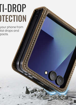 For Samsung Galaxy Z Flip7 5G Case CASEME 033 Series RFID Blocking Wallet Stand Calf Texture Leather Phone Cover