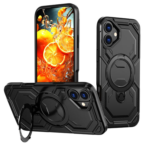 For iPhone 16 Magnetic Case Ring Kickstand PC + TPU Hybrid Phone Cover