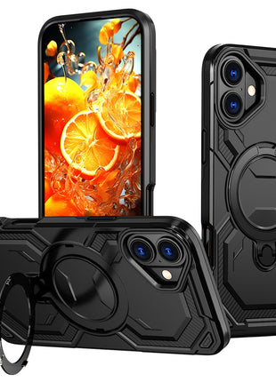 For iPhone 16 Magnetic Case Ring Kickstand PC + TPU Hybrid Phone Cover