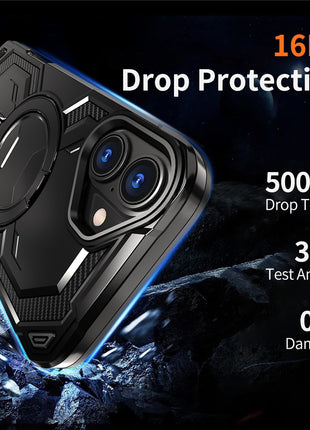 For iPhone 16 Magnetic Case Ring Kickstand PC + TPU Hybrid Phone Cover