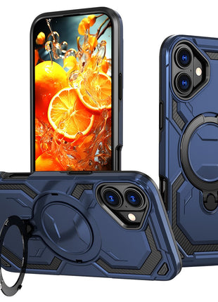 For iPhone 16 Magnetic Case Ring Kickstand PC + TPU Hybrid Phone Cover