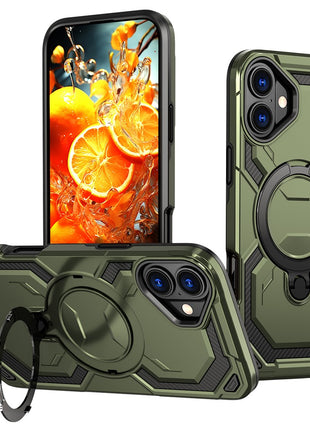 For iPhone 16 Magnetic Case Ring Kickstand PC + TPU Hybrid Phone Cover