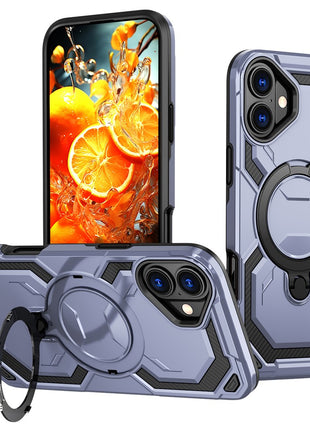 For iPhone 16 Magnetic Case Ring Kickstand PC + TPU Hybrid Phone Cover