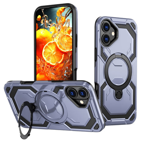 For iPhone 16 Magnetic Case Ring Kickstand PC + TPU Hybrid Phone Cover