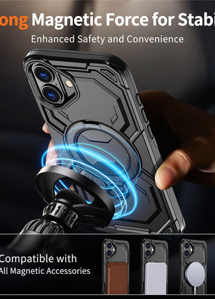 For iPhone 16 Plus Magnetic Case Ring Kickstand PC + TPU Hybrid Phone Cover