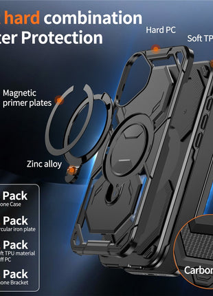 For iPhone 16 Plus Magnetic Case Ring Kickstand PC + TPU Hybrid Phone Cover