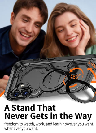 For iPhone 16 Plus Magnetic Case Ring Kickstand PC + TPU Hybrid Phone Cover